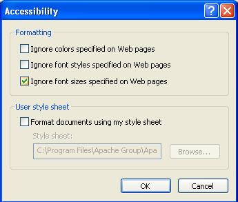 Accessibility Dialog box showing option to ignore specified font sizes