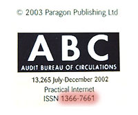 Photograph of the back page of 'pratical internet' magazine showing the ISSN, 1366-7661