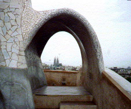 Arch on the Roof of Casa Mila La Pedera, The Sagrada Familla is in the background